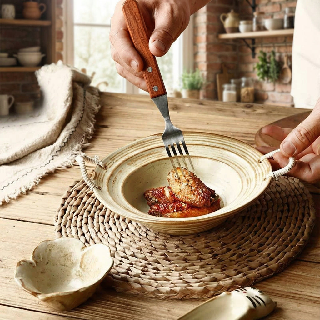 Rustic Handcrafted Ceramic Dish with Rope Handles