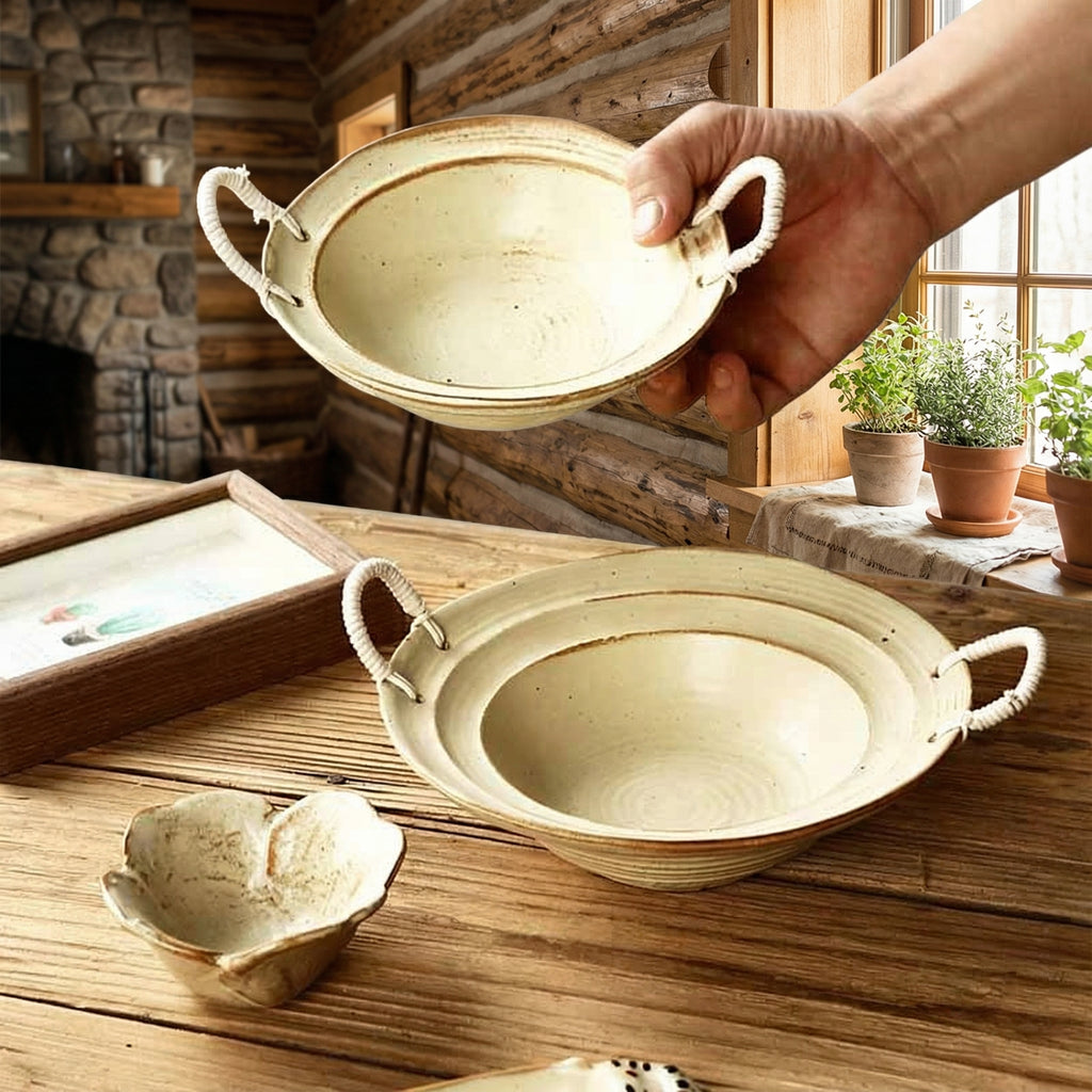 Rustic Handcrafted Ceramic Dish with Rope Handles