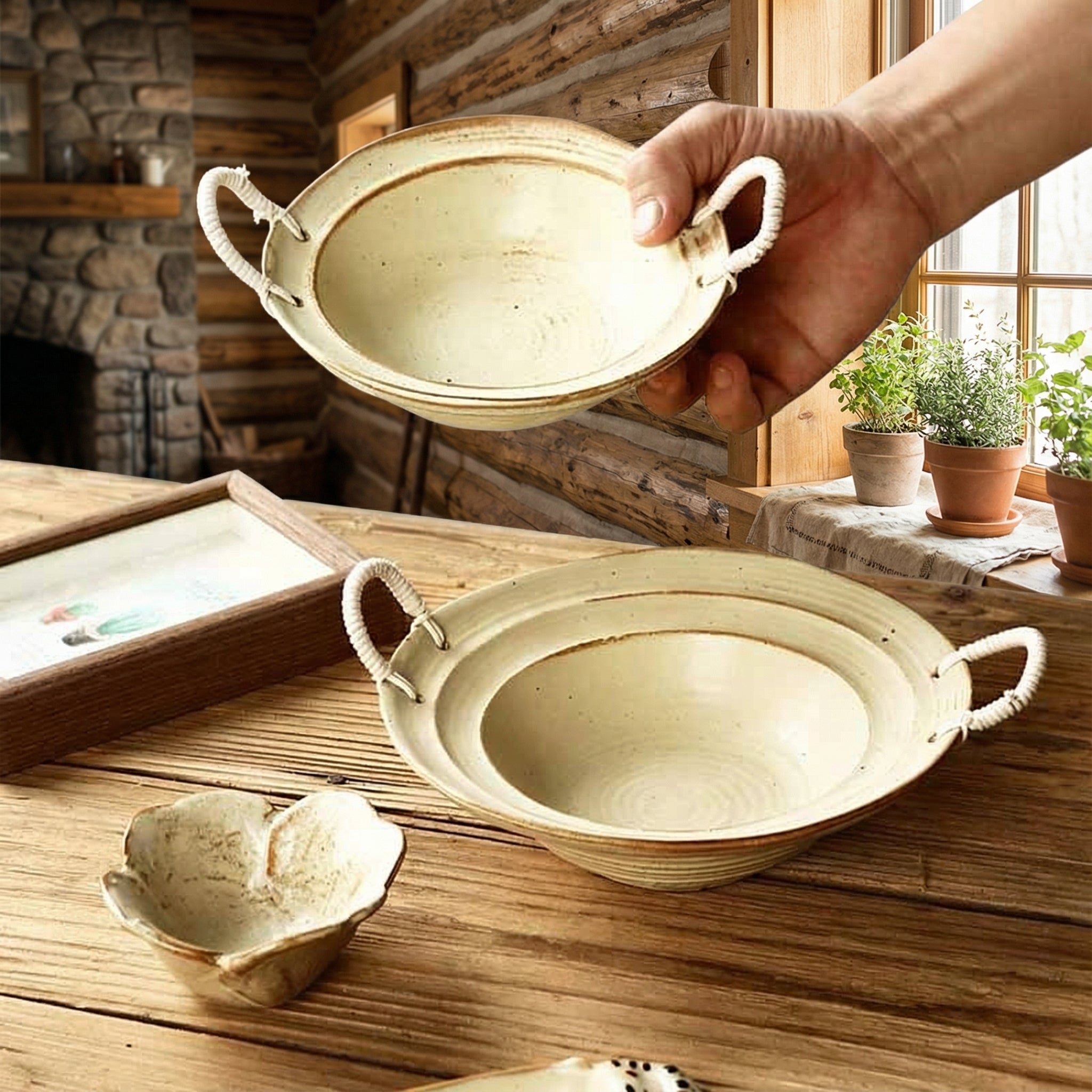 Rustic Handcrafted Ceramic Dish with Rope Handles