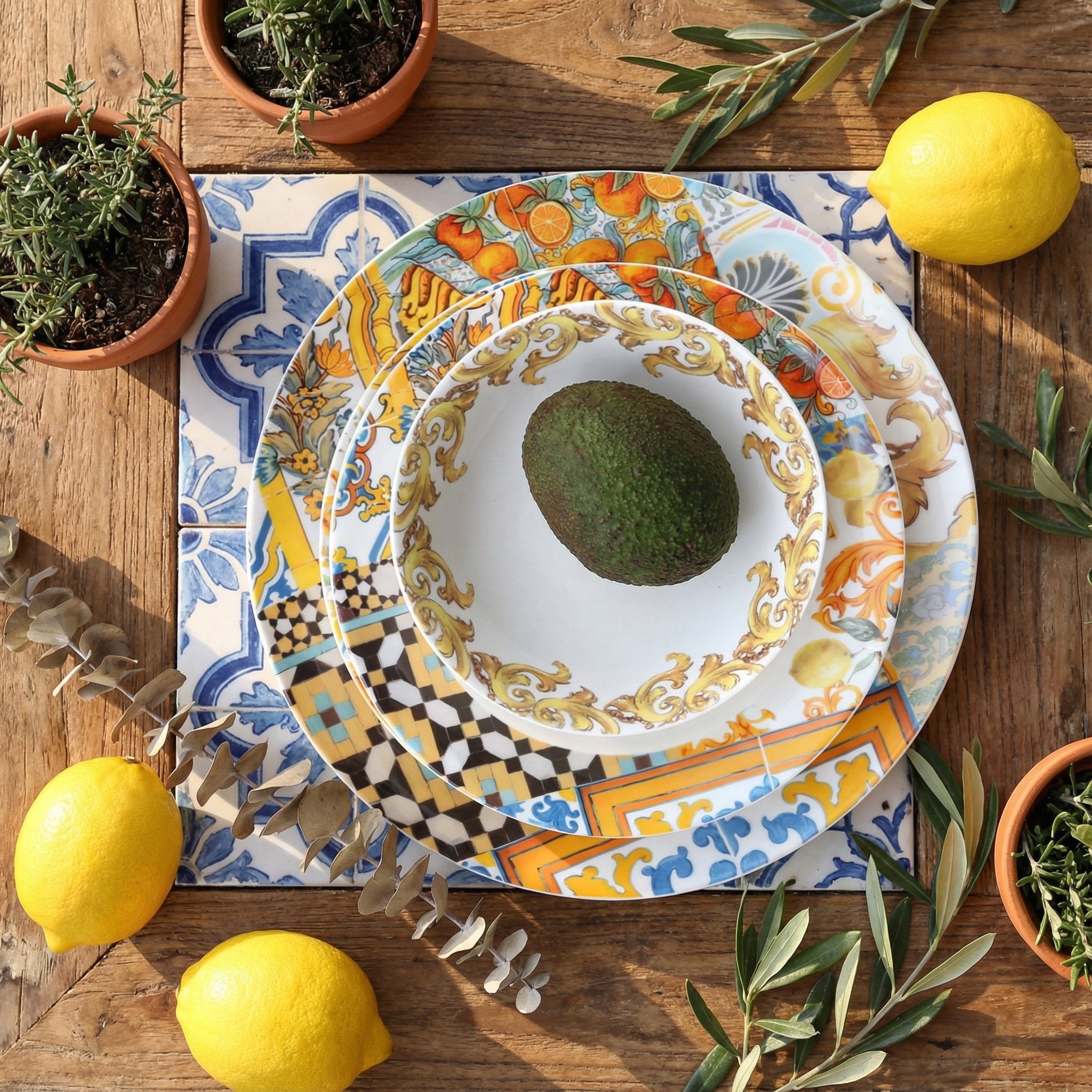 Elegant Colorful Ceramic Plate Set with Vintage Floral and Geometric Patterns