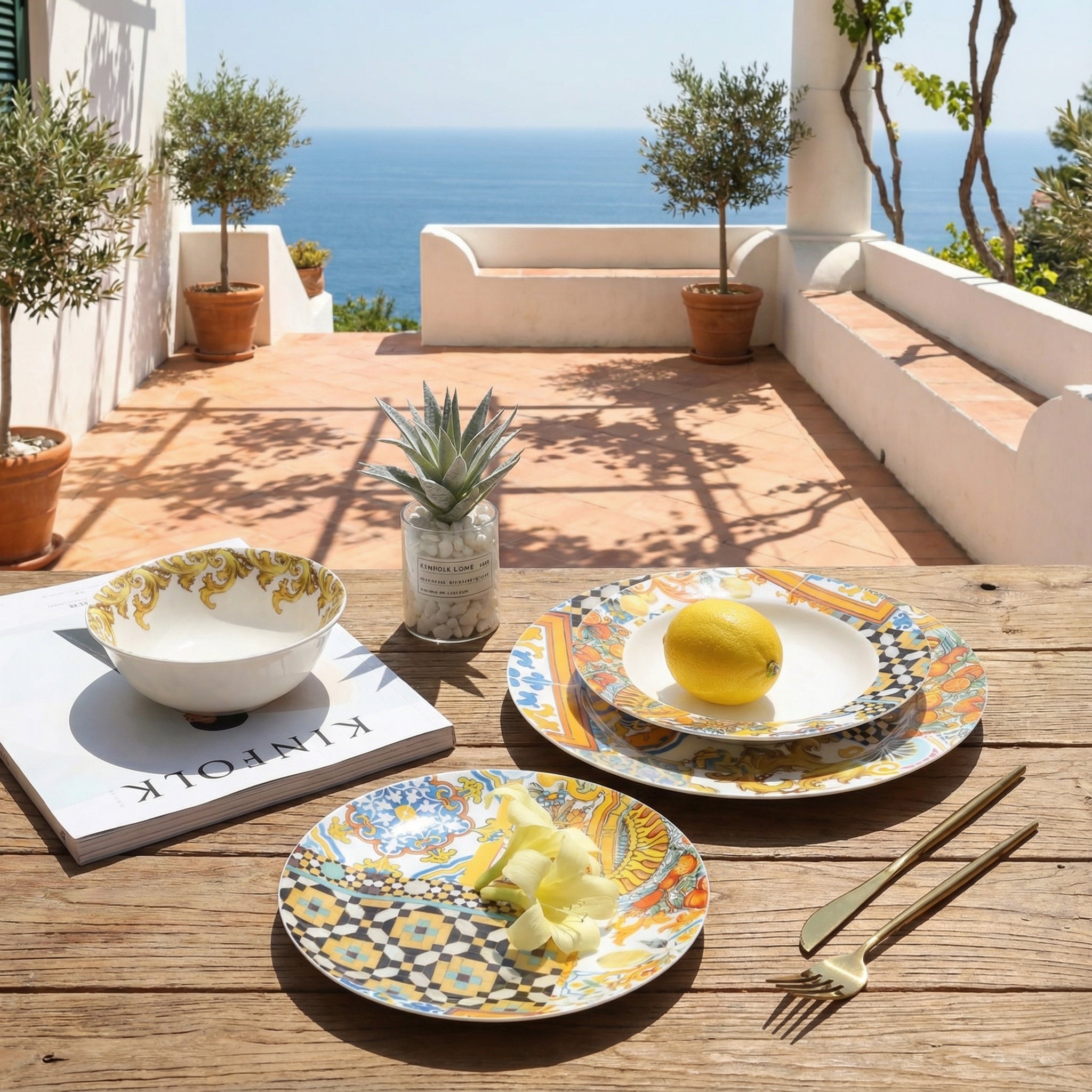 Elegant Colorful Ceramic Plate Set with Vintage Floral and Geometric Patterns