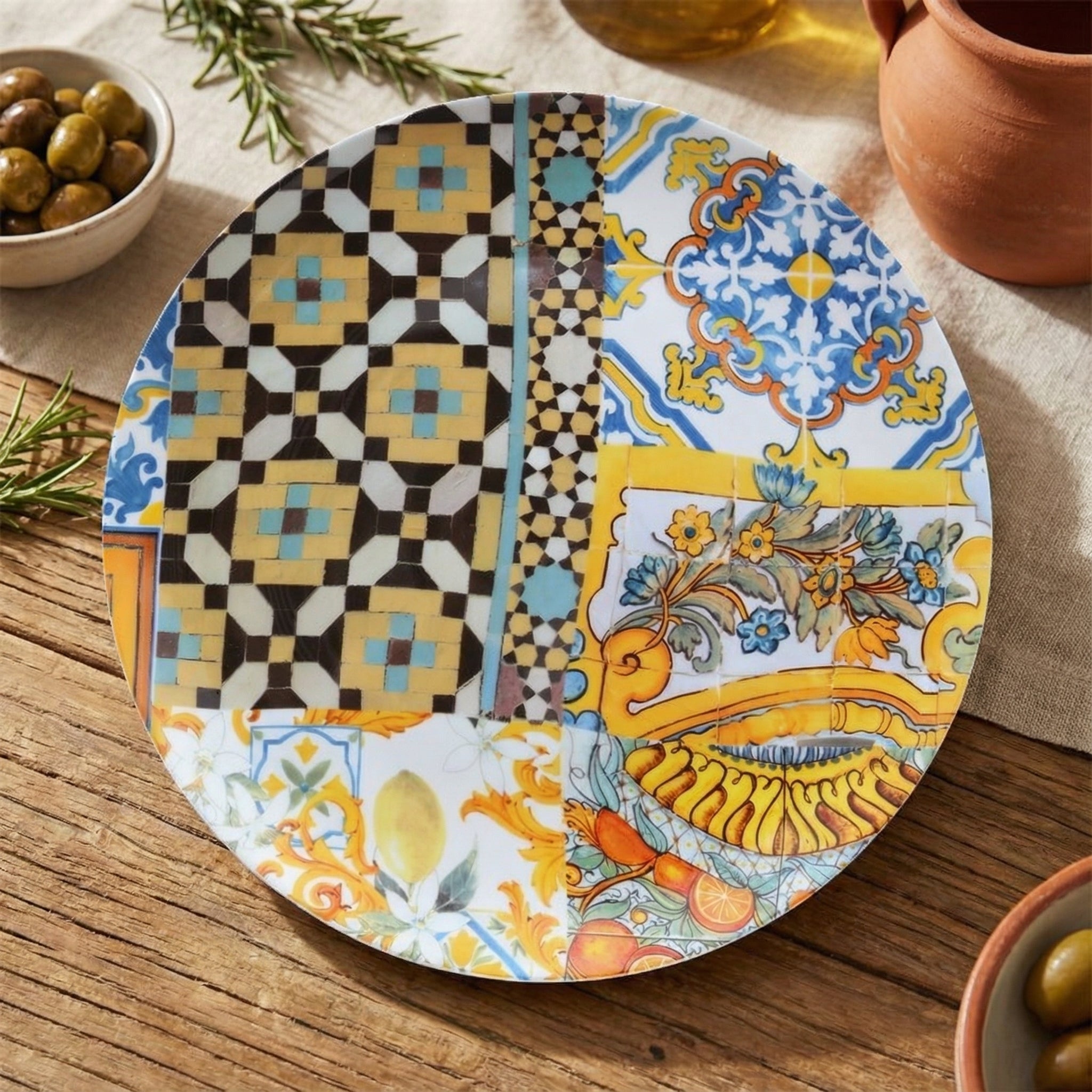 Elegant Colorful Ceramic Plate Set with Vintage Floral and Geometric Patterns